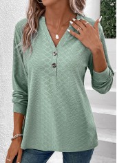 Green Button Long Sleeve Split Neck T Shirt | thumb picture 