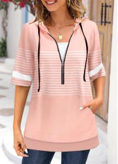 Dusty Pink Pocket Striped Half Sleeve Hoodie