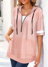 Dusty Pink Pocket Striped Half Sleeve Hoodie | thumb picture 