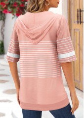 Dusty Pink Pocket Striped Half Sleeve Hoodie | thumb picture 