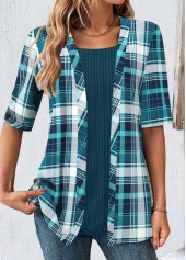 Peacock Blue Plaid Short Sleeve Fake Two Piece Twinset