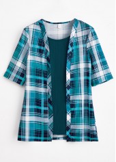 Peacock Blue Plaid Short Sleeve Fake Two Piece Twinset