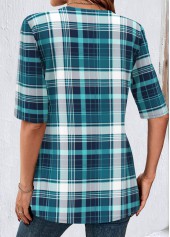 Peacock Blue Plaid Short Sleeve Fake Two Piece Twinset