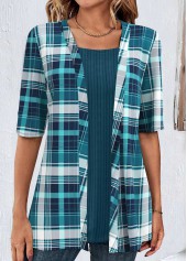 Peacock Blue Plaid Short Sleeve Fake Two Piece Twinset