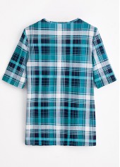 Peacock Blue Plaid Short Sleeve Fake Two Piece Twinset