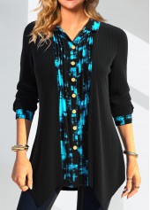 Black Fake 2in1 Geometric Print Long Sleeve Blouse