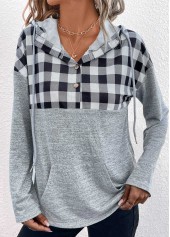 Light Grey Pocket Plaid Long Sleeve Hoodie
