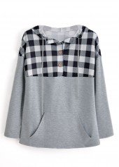 Light Grey Pocket Plaid Long Sleeve Hoodie | thumb picture 