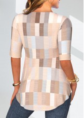 Beige Geometric Print Half Sleeve Fake Two Piece Twinset