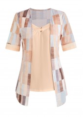 Beige Geometric Print Half Sleeve Fake Two Piece Twinset