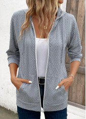 Light Grey Pocket Long Sleeve Hooded Coat