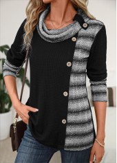 Black Patchwork Striped Long Sleeve Cowl Neck Sweatshirt | thumb picture 