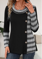 Black Patchwork Striped Long Sleeve Cowl Neck Sweatshirt | thumb picture 