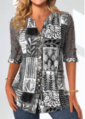 Dark Grey Lace Leaf Print Blouse
