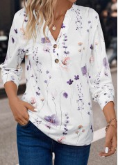 White Button Floral Print Long Sleeve T Shirt | thumb picture 