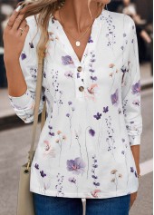 White Button Floral Print Long Sleeve T Shirt | thumb picture 
