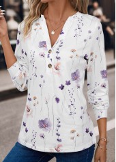 White Button Floral Print Long Sleeve T Shirt | thumb picture 