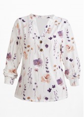 White Button Floral Print Long Sleeve T Shirt | thumb picture 
