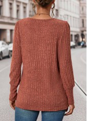 Brick Red Button Long Sleeve Square Neck T Shirt | thumb picture 