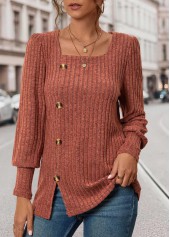 Brick Red Button Long Sleeve Square Neck T Shirt | thumb picture 