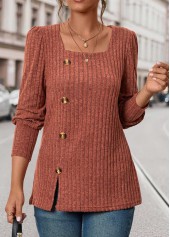 Brick Red Button Long Sleeve Square Neck T Shirt | thumb picture 