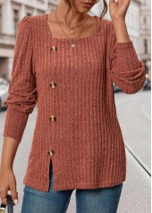 Brick Red Button Long Sleeve Square Neck T Shirt | thumb picture 