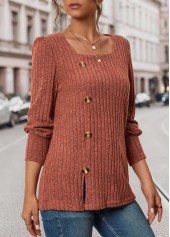 Brick Red Button Long Sleeve Square Neck T Shirt | thumb picture 