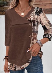 Light Coffee Patchwork Geometric Print T Shirt