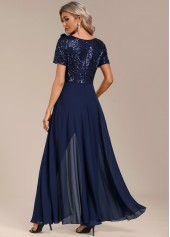 Navy Sequin Long Short Sleeve V Neck Jumpsuit | thumb picture 