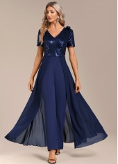 Navy Sequin Long Short Sleeve V Neck Jumpsuit | thumb picture 
