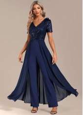 Navy Sequin Long Short Sleeve V Neck Jumpsuit