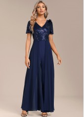 Navy Sequin Long Short Sleeve V Neck Jumpsuit | thumb picture 