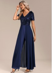 Navy Sequin Long Short Sleeve V Neck Jumpsuit | thumb picture 