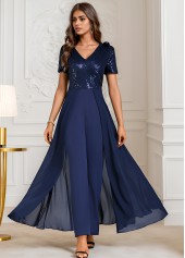 Navy Sequin Long Short Sleeve V Neck Jumpsuit | thumb picture 