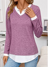 Dark Reddish Purple Patchwork Long Sleeve T Shirt | thumb picture 