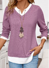 Dark Reddish Purple Patchwork Long Sleeve T Shirt