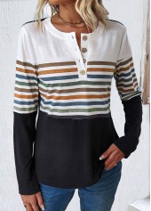 Multi Color Patchwork Striped Long Sleeve T Shirt