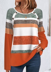 Orange Button Multi Stripe Print T Shirt