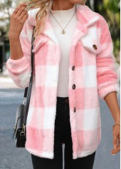 Light Pink Button Plaid Long Sleeve Coat