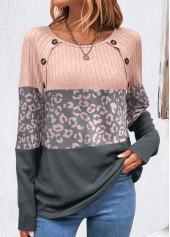 Decorative Button Light Pink Leopard Long Sleeve T Shirt