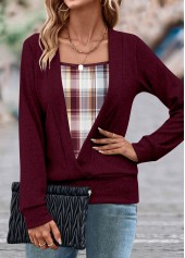 Wine Red Fake 2in1 Plaid Long Sleeve Sweatshirt | thumb picture 