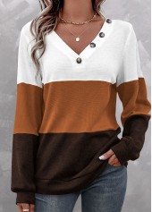 Dark Coffee Patchwork Long Sleeve V Neck Sweatshirt