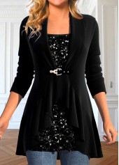 Black Long Sleeve Shawl Collar Fake Two Piece Twinset