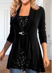 Black Long Sleeve Shawl Collar Fake Two Piece Twinset | thumb picture 