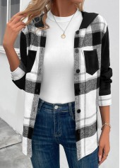 Black Patchwork Plaid Long Sleeve Hooded Coat | thumb picture 