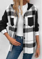 Black Patchwork Plaid Long Sleeve Hooded Coat | thumb picture 