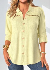 Light Yellow Lace Long Sleeve Shirt Collar Blouse