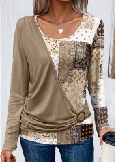 Light Camel Asymmetry Patchwork Long Sleeve T Shirt