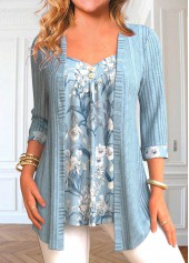 Dusty Blue Patchwork Floral Print Fake Two Piece Twinset