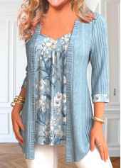 Dusty Blue Patchwork Floral Print Fake Two Piece Twinset | thumb picture 